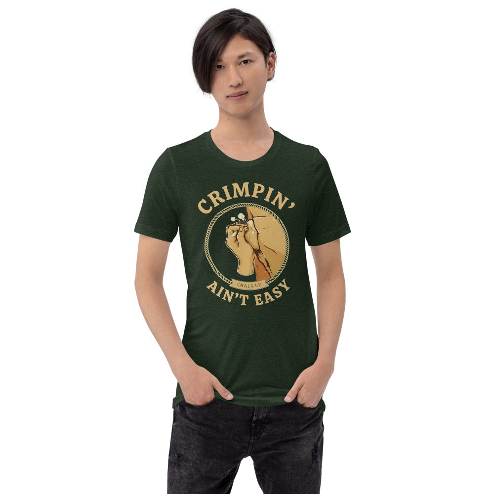Crimpin' Ain't Easy bouldering badge t-shirt — Heather Emerald, on model