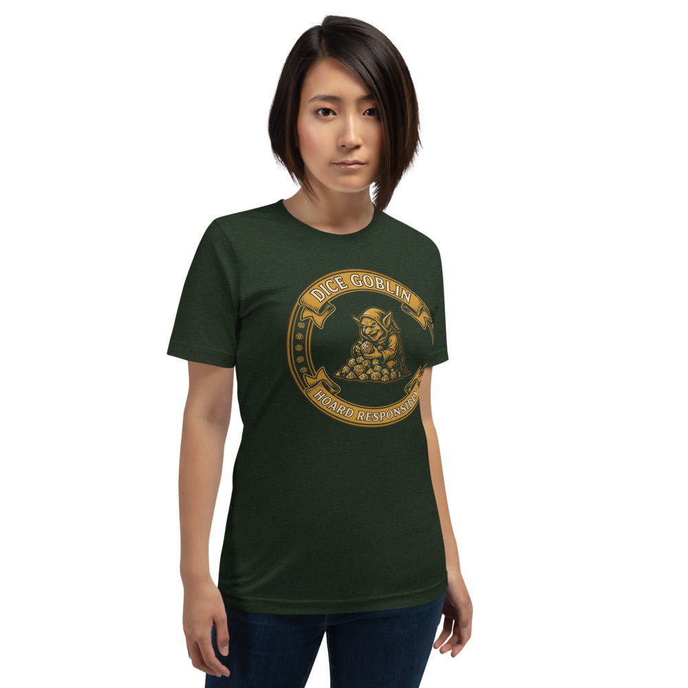 Dice Goblin Hoard Responsibly tabletop RPG tee — Heather Emerald, on model