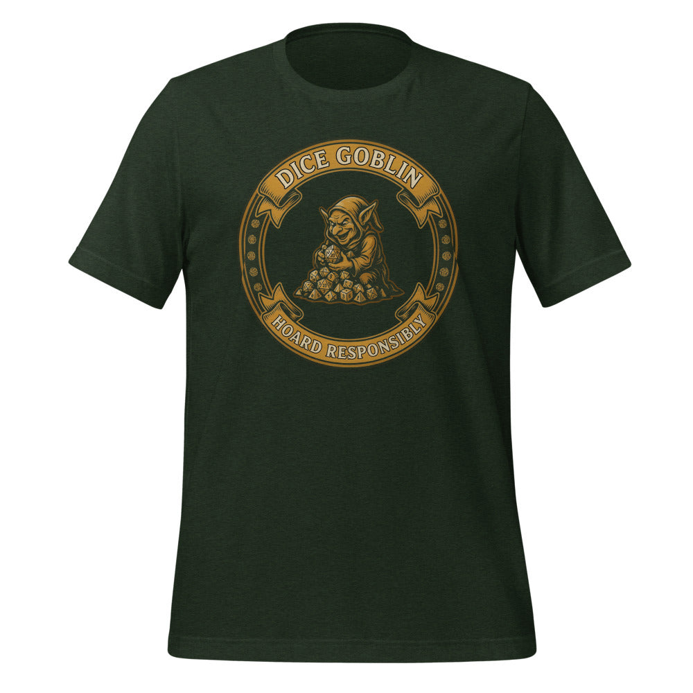 Dice Goblin Hoard Responsibly tabletop RPG tee — Heather Emerald, front