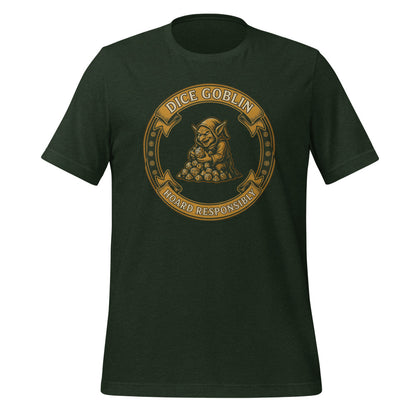Dice Goblin Hoard Responsibly tabletop RPG tee — Heather Emerald, front