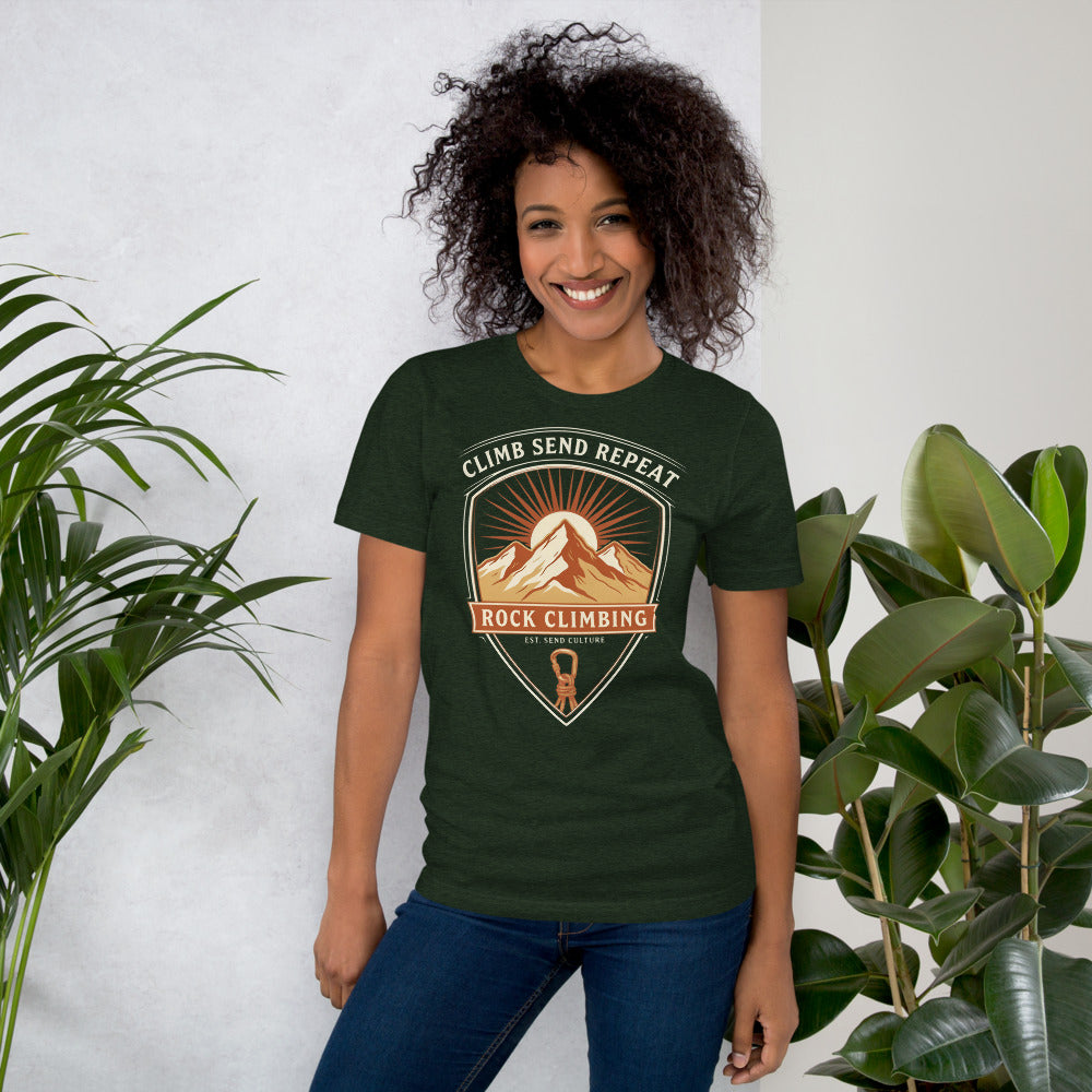 Climb Send Repeat mountaineering crest t-shirt — Heather Emerald, on model