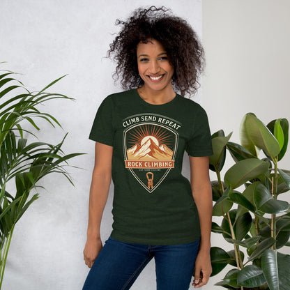 Climb Send Repeat mountaineering crest t-shirt — Heather Emerald, on model