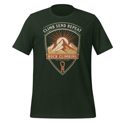 Climb Send Repeat mountaineering crest t-shirt — Heather Emerald, front