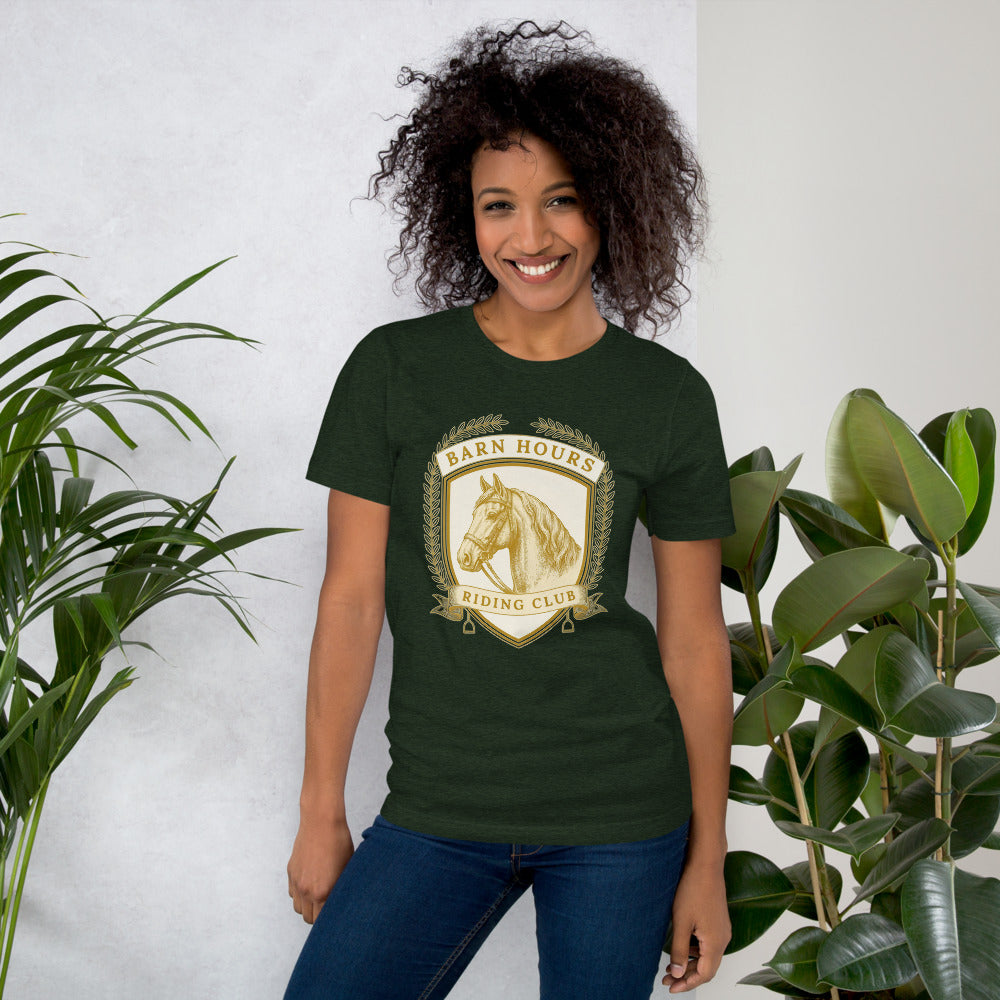 Barn Hours Riding Club vintage equestrian stable crest t-shirt — Heather Emerald, on model