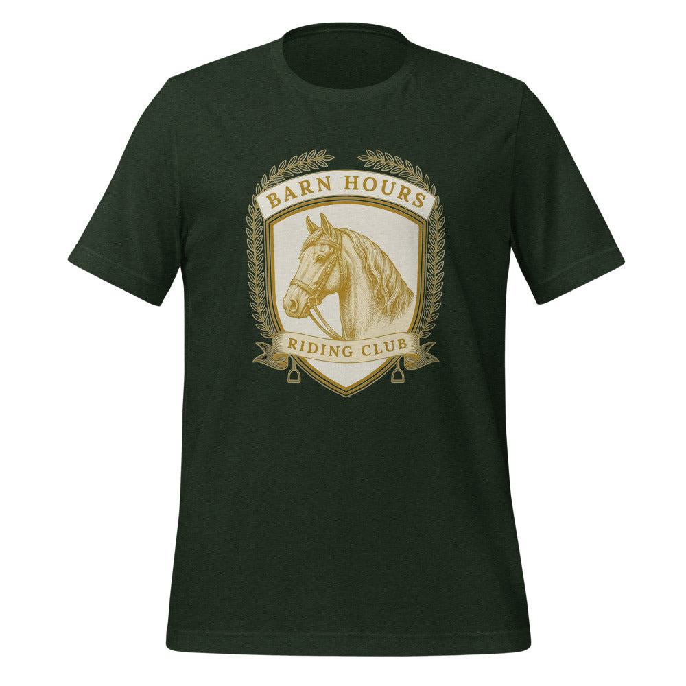 Barn Hours Riding Club vintage equestrian stable crest t-shirt — Heather Emerald, front