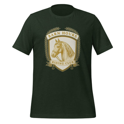 Barn Hours Riding Club vintage equestrian stable crest t-shirt — Heather Emerald, front