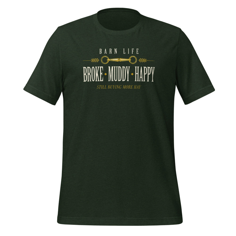 Broke Muddy Happy funny barn life equestrian t-shirt — Heather Emerald, front