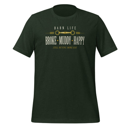 Broke Muddy Happy funny barn life equestrian t-shirt — Heather Emerald, front