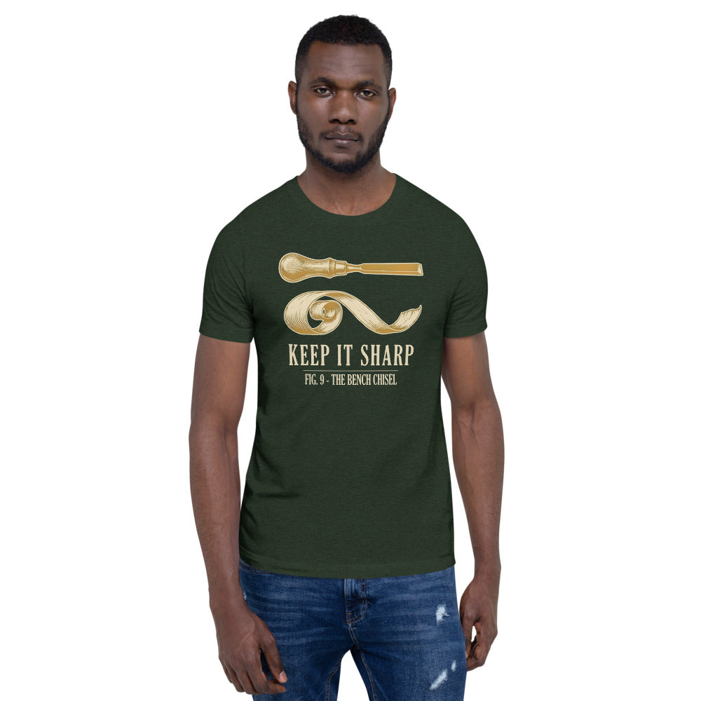Keep It Sharp woodworking tee — Heather Emerald, on model