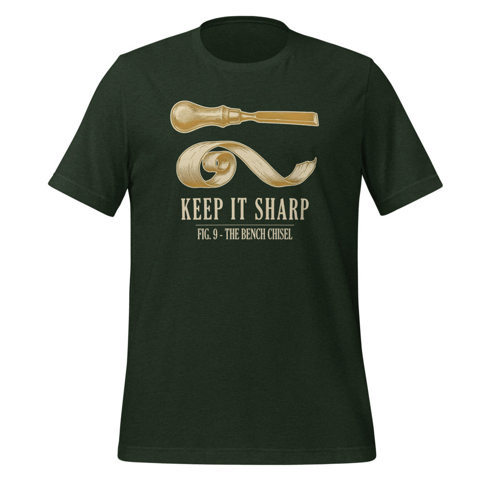 Keep It Sharp woodworking tee — Heather Emerald, front