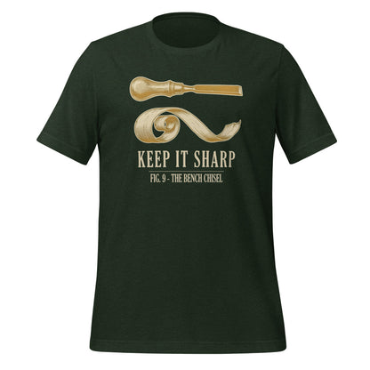 Keep It Sharp woodworking tee — Heather Emerald, front