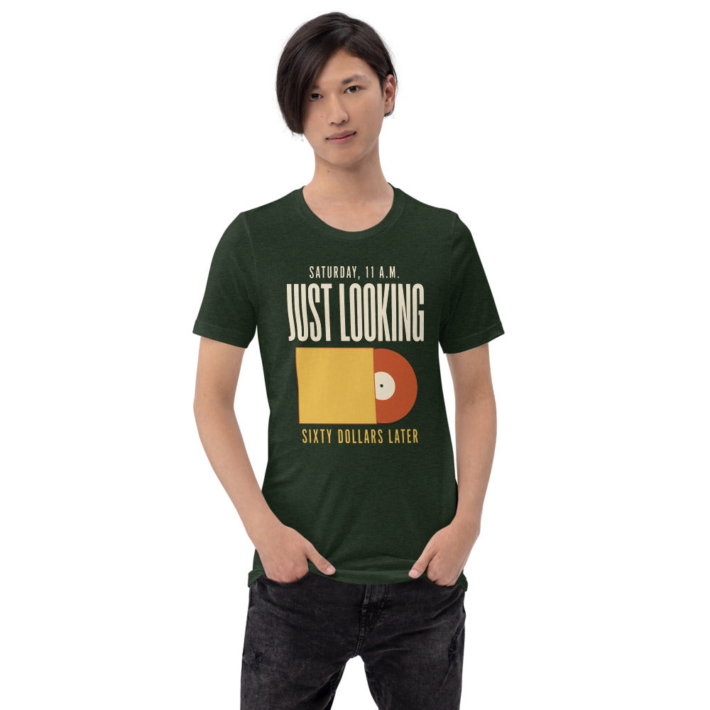 Just Looking Sixty Dollars Later vinyl record tee — Heather Emerald, on model