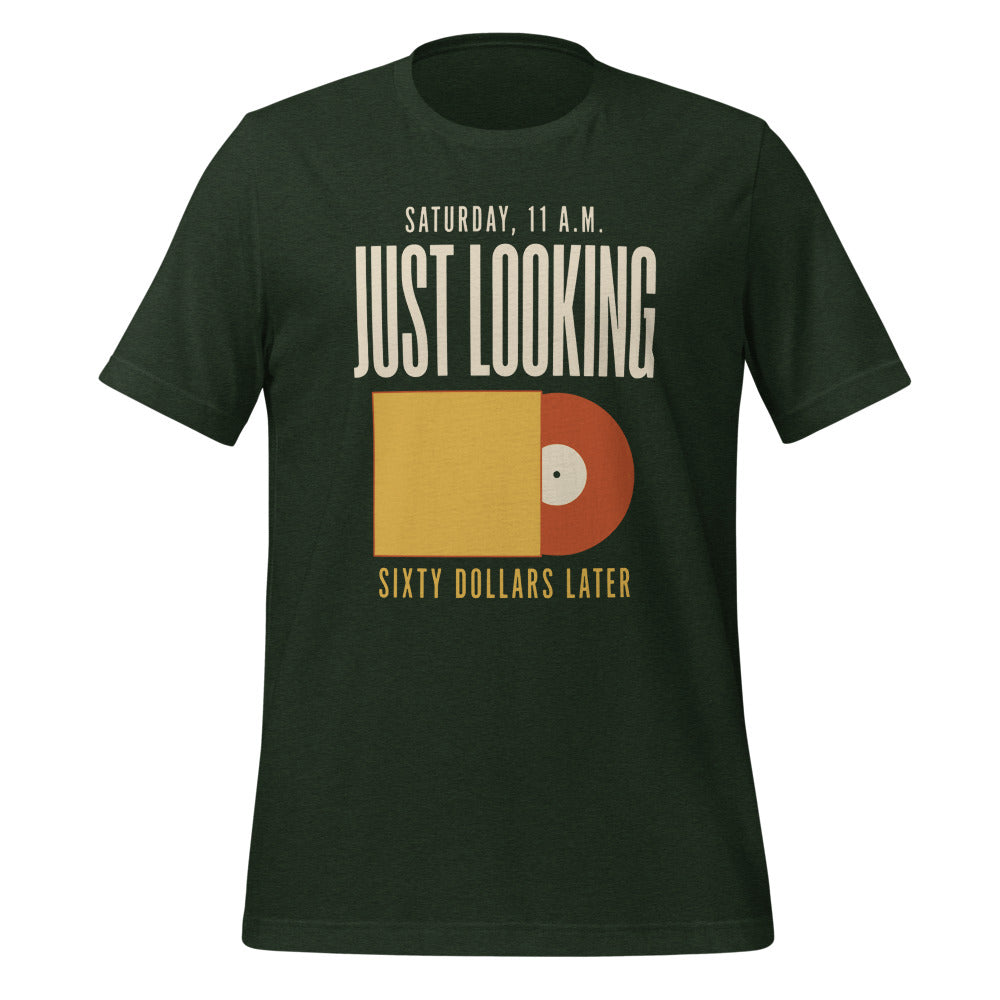 Just Looking Sixty Dollars Later vinyl record tee — Heather Emerald, front