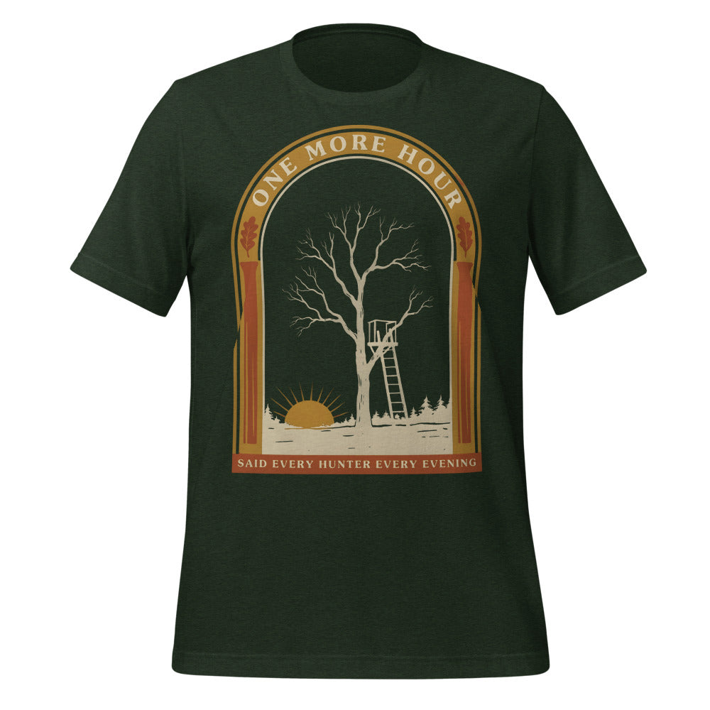 One More Hour funny deer hunting tee — Heather Emerald, front