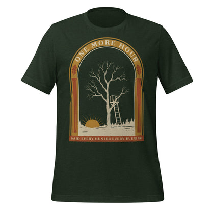 One More Hour funny deer hunting tee — Heather Emerald, front