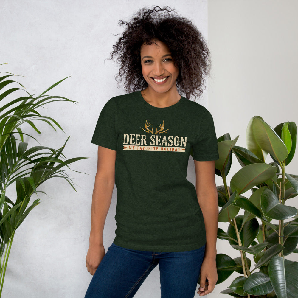 Deer Season My Favorite Holiday deer hunting tee — Heather Emerald, on model