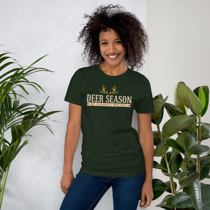 Deer Season My Favorite Holiday deer hunting tee — Heather Emerald, on model