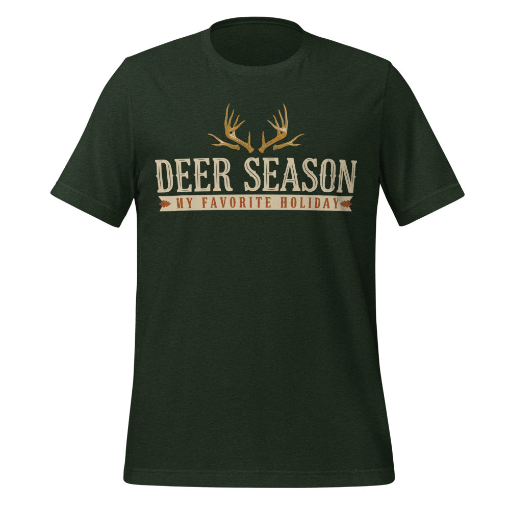 Deer Season My Favorite Holiday deer hunting tee — Heather Emerald, front