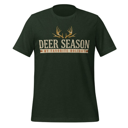 Deer Season My Favorite Holiday deer hunting tee — Heather Emerald, front