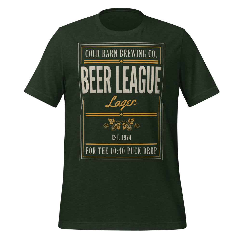 Beer League Cold Barn Brewing lager t-shirt — Heather Emerald, front
