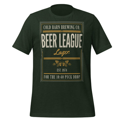 Beer League Cold Barn Brewing lager t-shirt — Heather Emerald, front