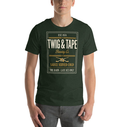 Twig and Tape Brewing Co. beer league hockey t-shirt — Heather Emerald, on model