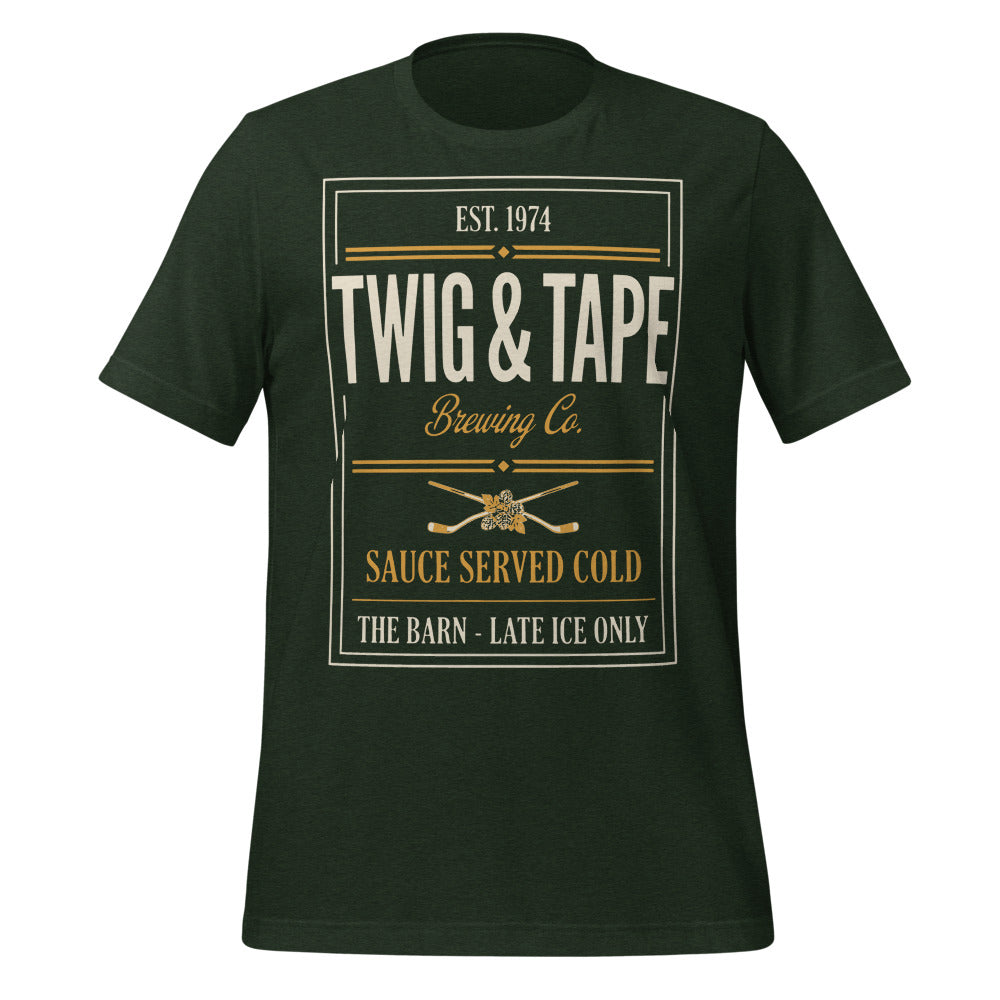 Twig and Tape Brewing Co. beer league hockey t-shirt — Heather Emerald, front