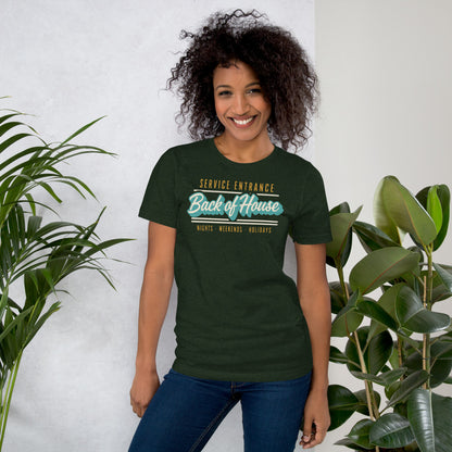 Line Cook Back of House retro diner service sign t-shirt — Heather Emerald, on model