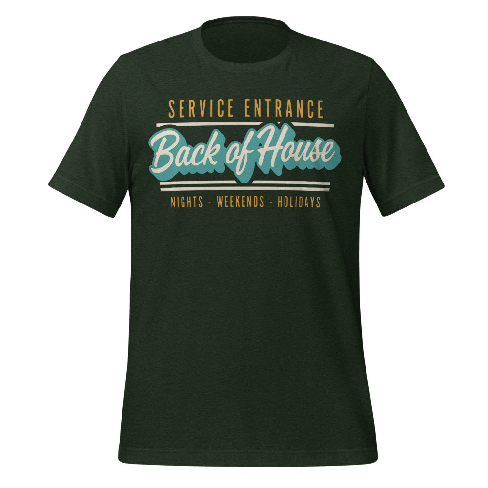 Line Cook Back of House retro diner service sign t-shirt — Heather Emerald, front