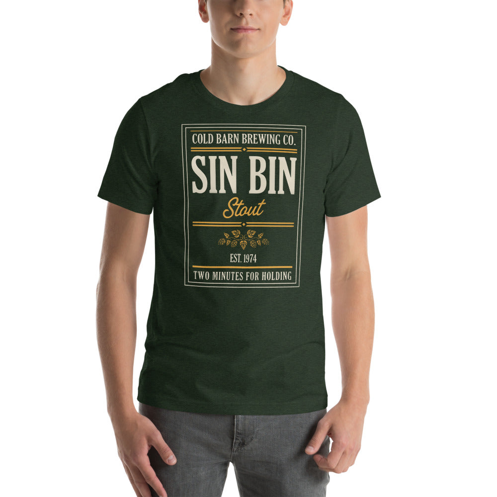 Beer League Sin Bin Stout brewery label t-shirt — Heather Emerald, on model
