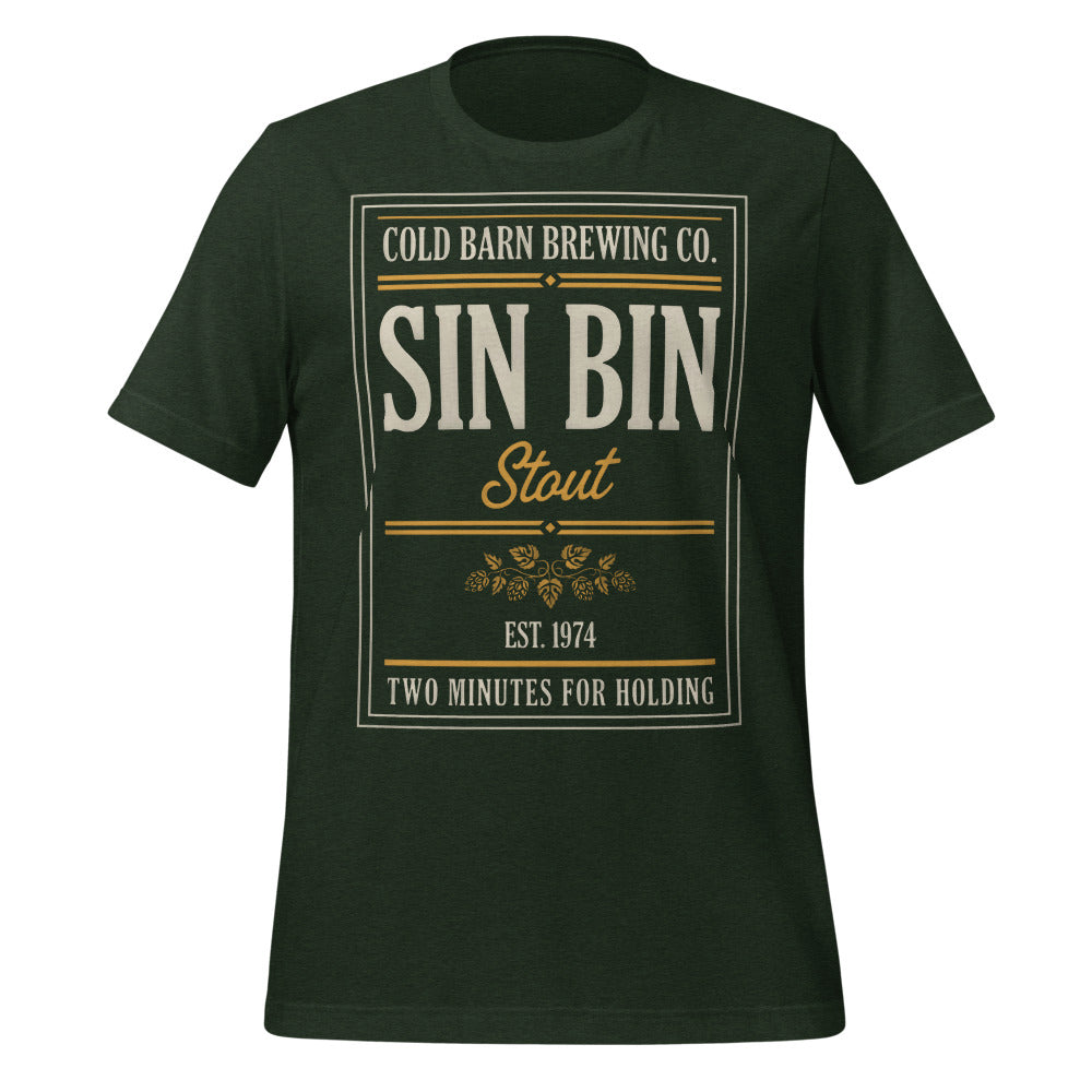 Beer League Sin Bin Stout brewery label t-shirt — Heather Emerald, front