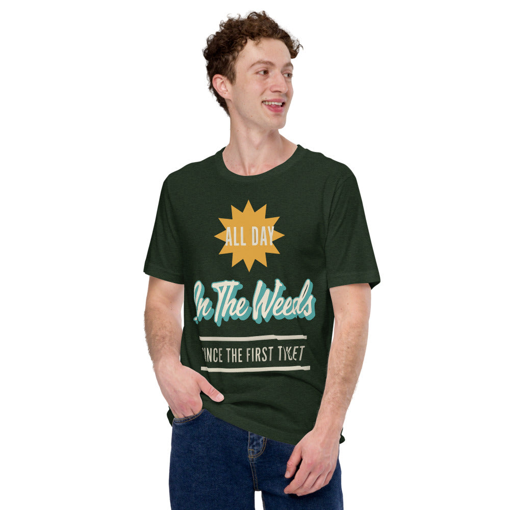 In The Weeds line cook retro diner service sign t-shirt — Heather Emerald, on model