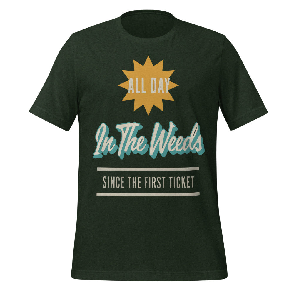 In The Weeds line cook retro diner service sign t-shirt — Heather Emerald, front