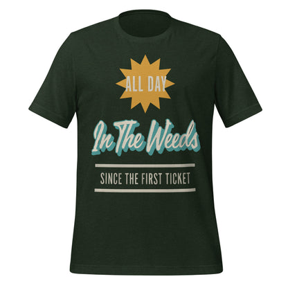 In The Weeds line cook retro diner service sign t-shirt — Heather Emerald, front