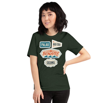 Vintage scuba diving dive sites travel decal t-shirt — Heather Emerald, on model