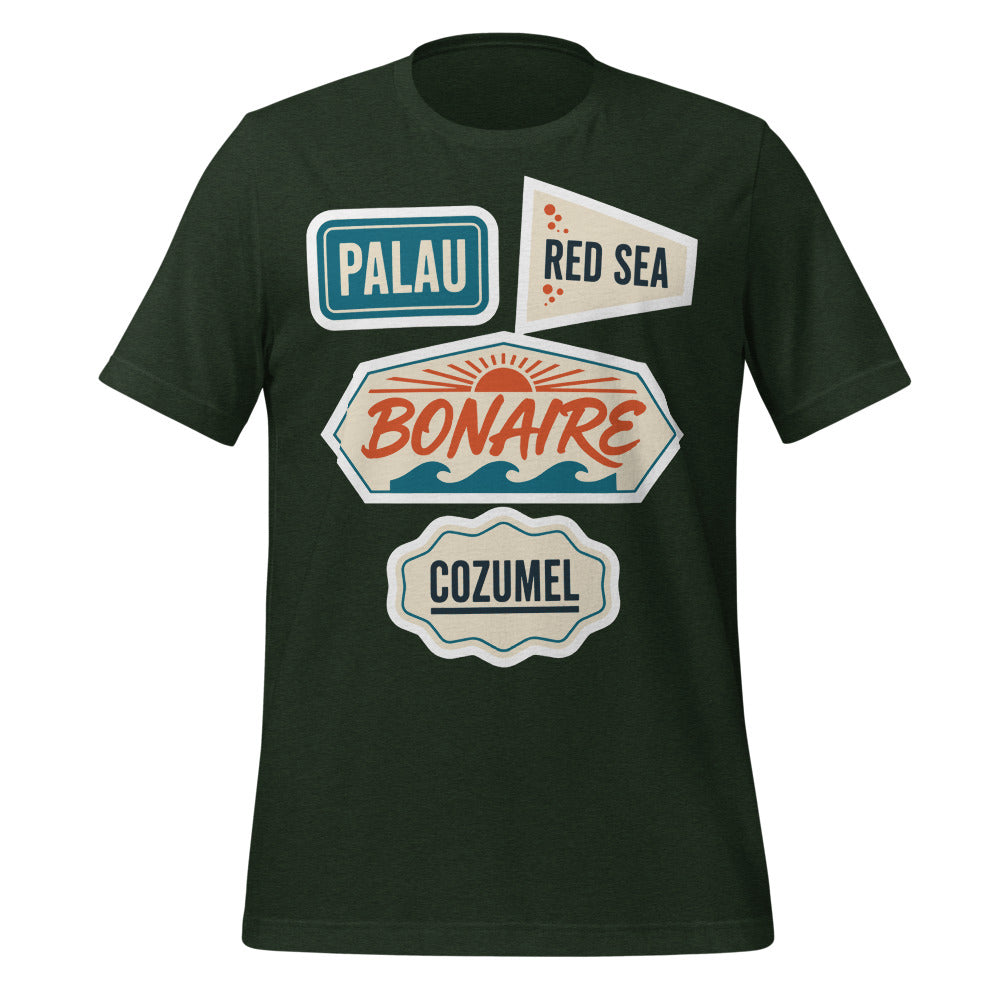 Vintage scuba diving dive sites travel decal t-shirt — Heather Emerald, front