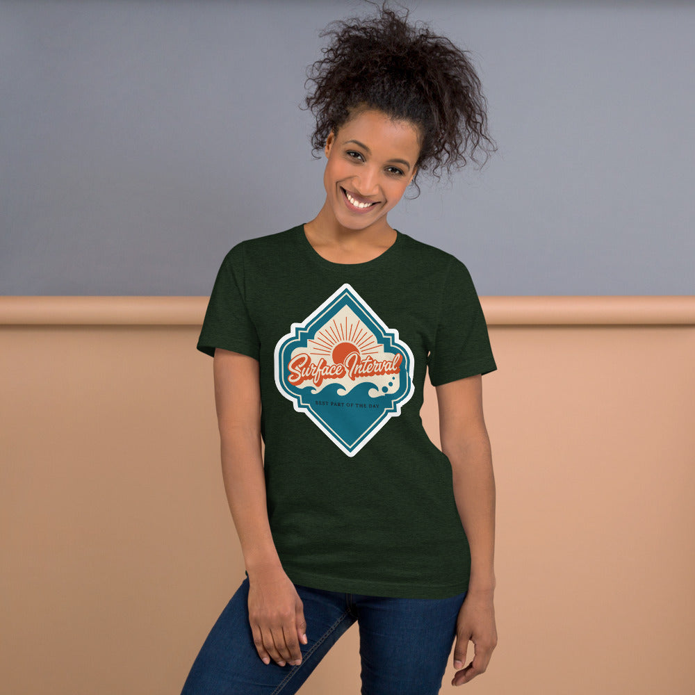Surface Interval vintage scuba diving travel decal t-shirt — Heather Emerald, on model
