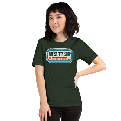 The Safety Stop vintage scuba diving travel decal t-shirt — Heather Emerald, on model