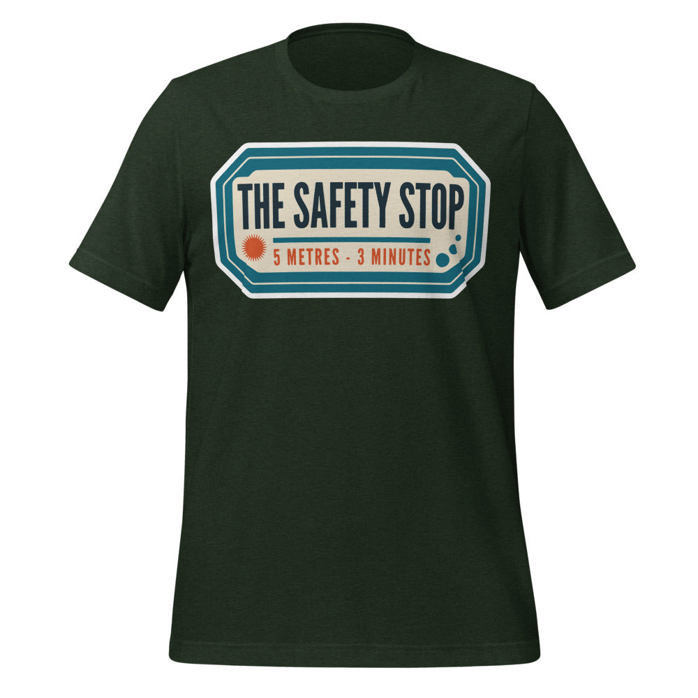 The Safety Stop vintage scuba diving travel decal t-shirt — Heather Emerald, front
