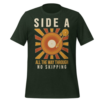 Side A No Skipping vinyl record tee — Heather Emerald, front