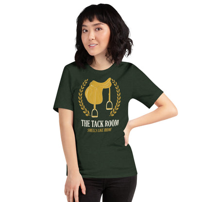 The Tack Room engraved equestrian saddle crest t-shirt — Heather Emerald, on model