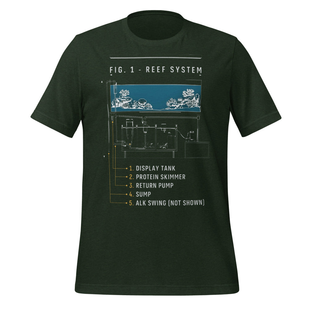 Reef System technical cutaway saltwater aquarium t-shirt — Heather Emerald, front