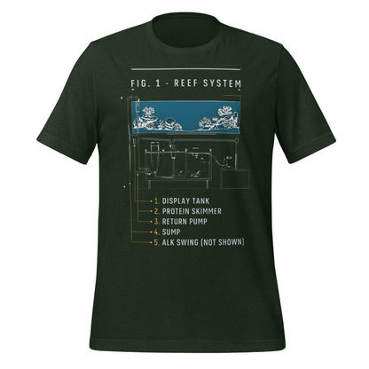 Reef System technical cutaway saltwater aquarium t-shirt — Heather Emerald, front