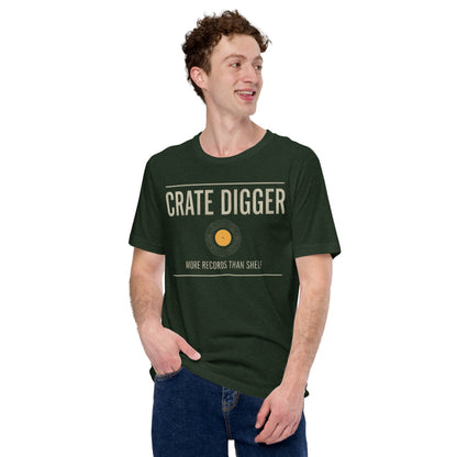 Crate Digger vinyl record tee — Heather Emerald, on model