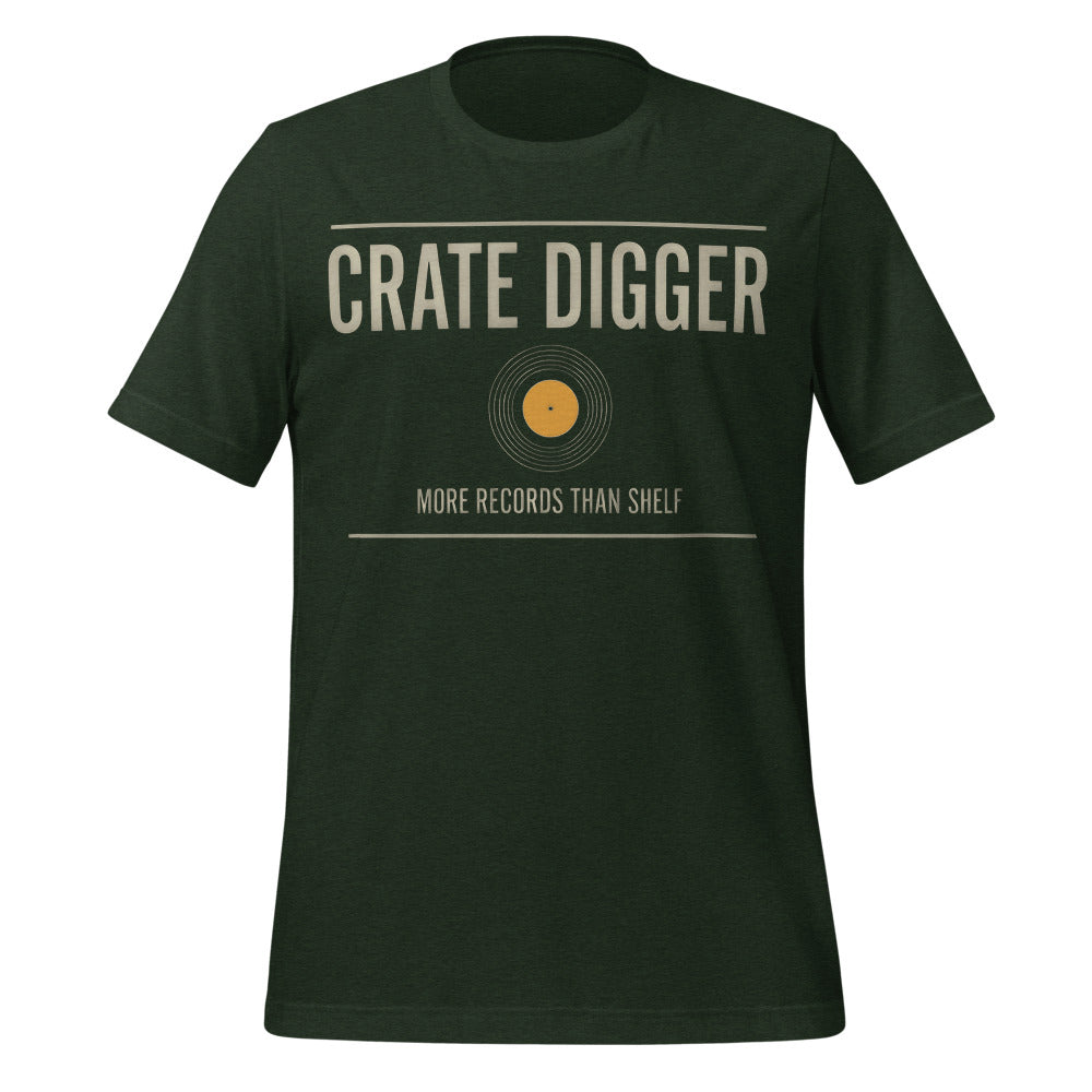 Crate Digger vinyl record tee — Heather Emerald, front