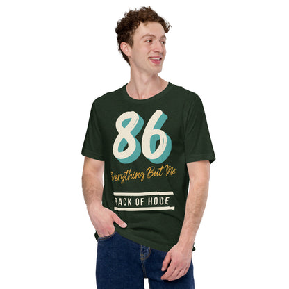 86 Everything But Me line cook back of house t-shirt — Heather Emerald, on model