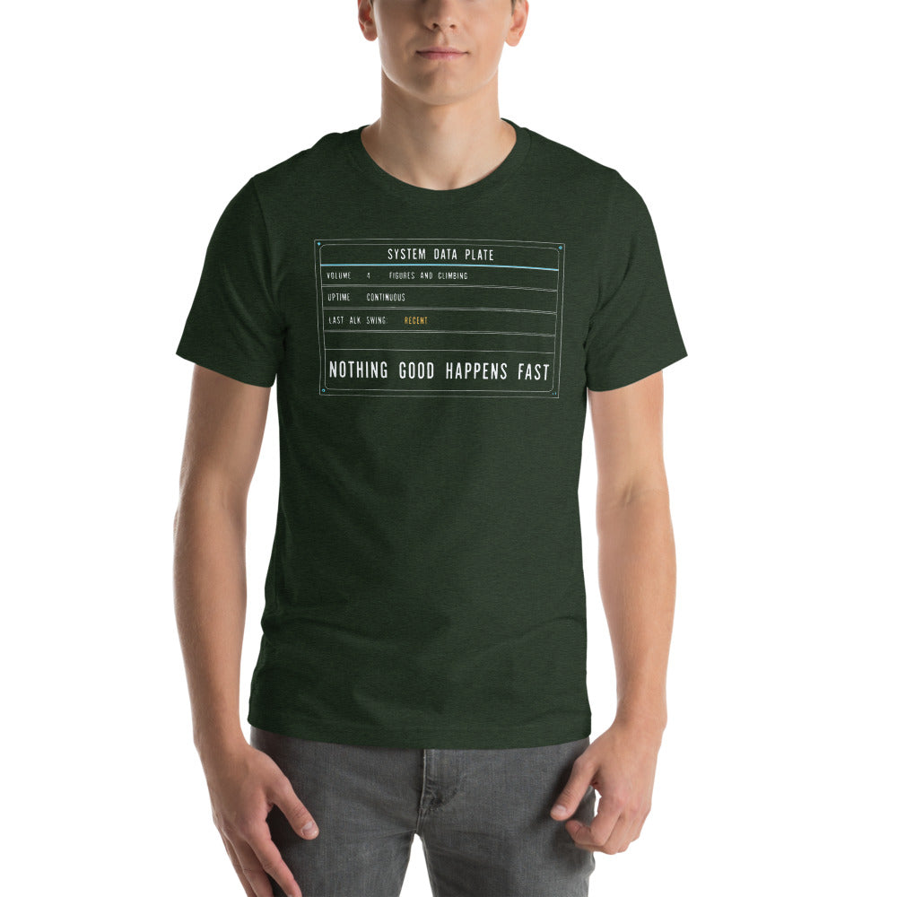 Nothing Good Happens Fast reef system data plate saltwater aquarium t-shirt — Heather Emerald, on model