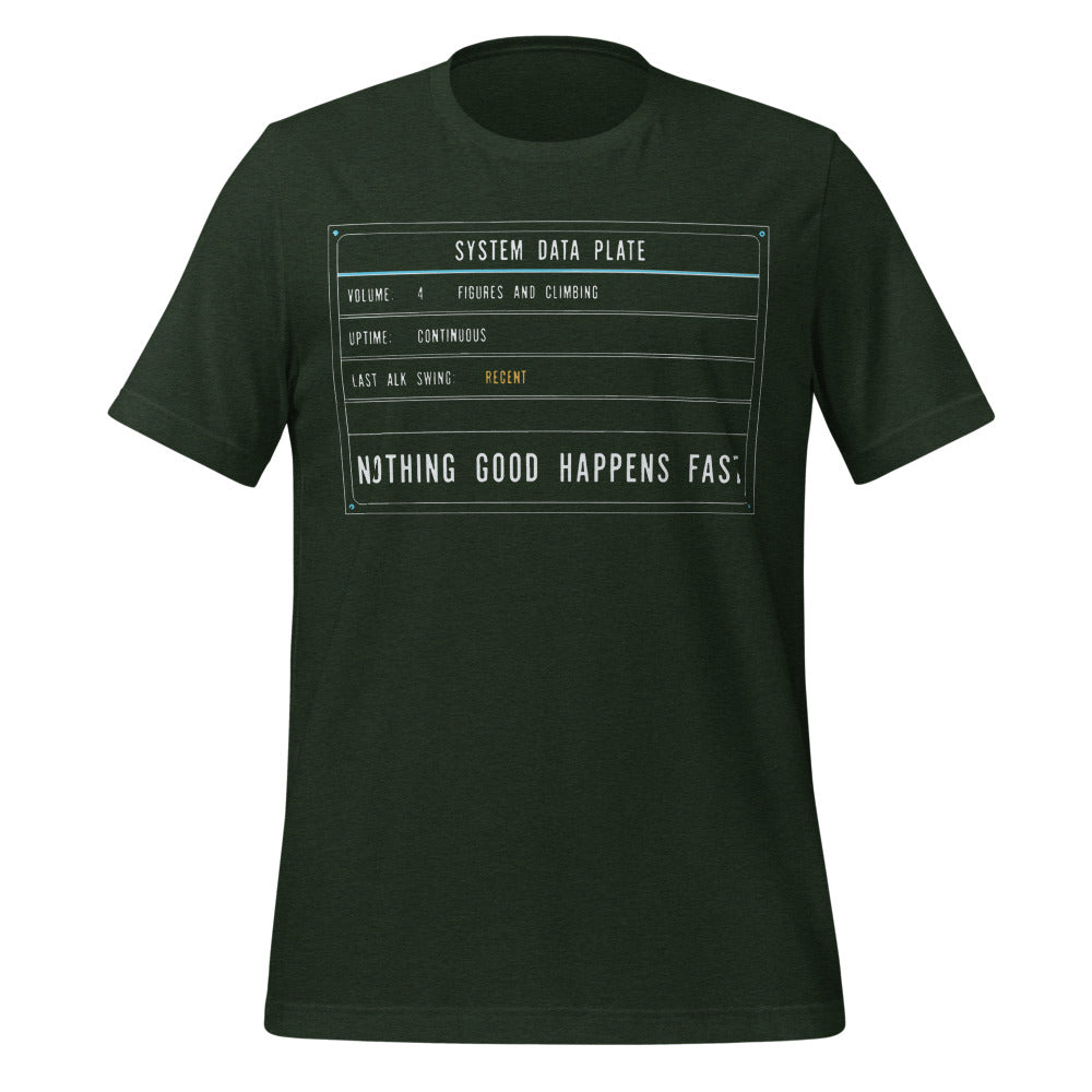 Nothing Good Happens Fast reef system data plate saltwater aquarium t-shirt — Heather Emerald, front
