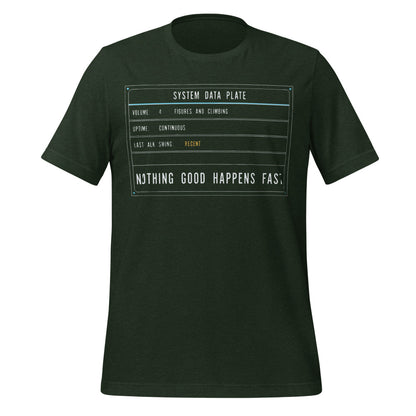 Nothing Good Happens Fast reef system data plate saltwater aquarium t-shirt — Heather Emerald, front