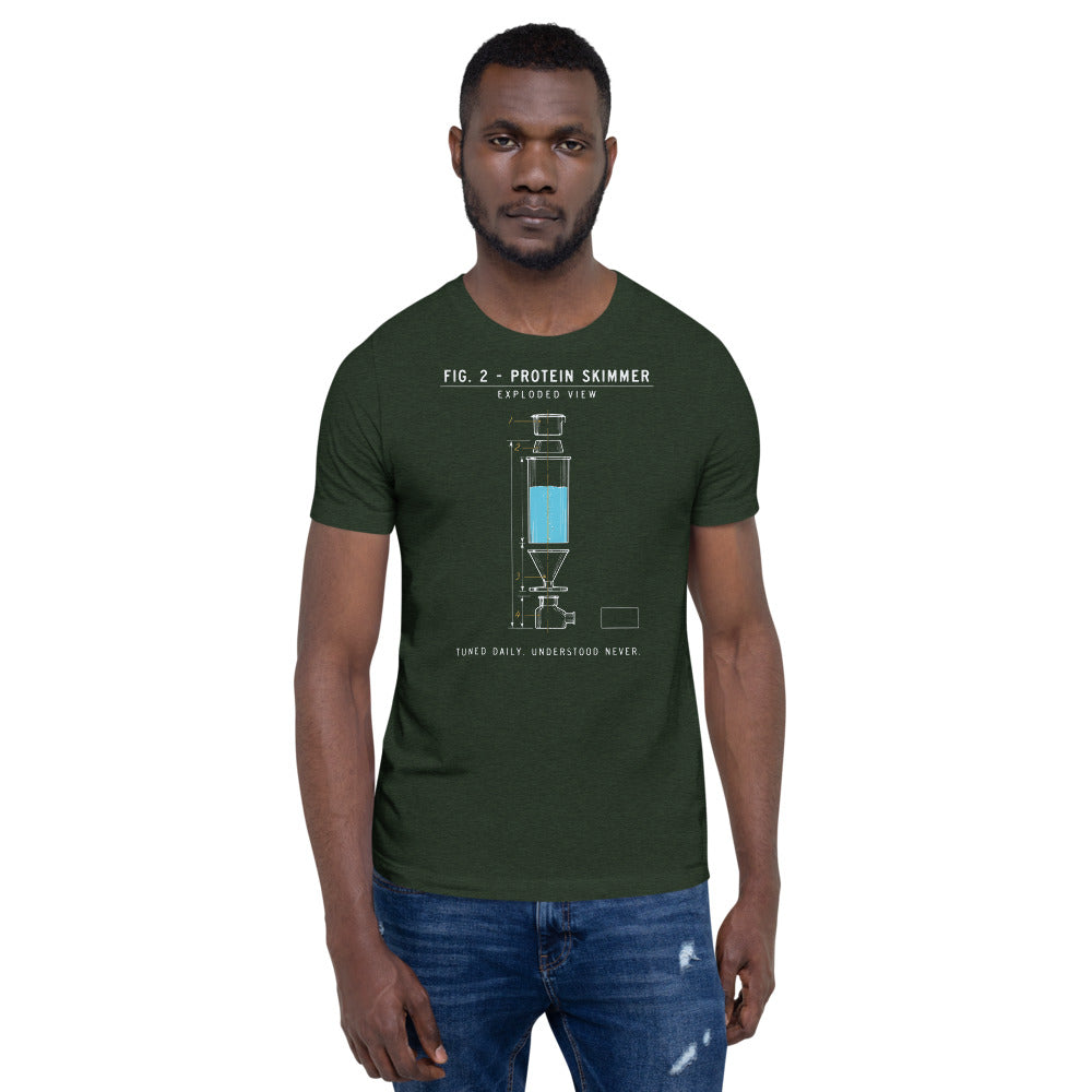Protein Skimmer Exploded View reef tank saltwater aquarium t-shirt — Heather Emerald, on model